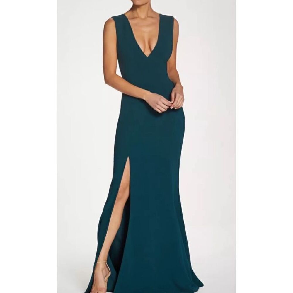 Dress the Population Sandra Plunge Crepe Slit Gown in Pine Green NWT Size Small